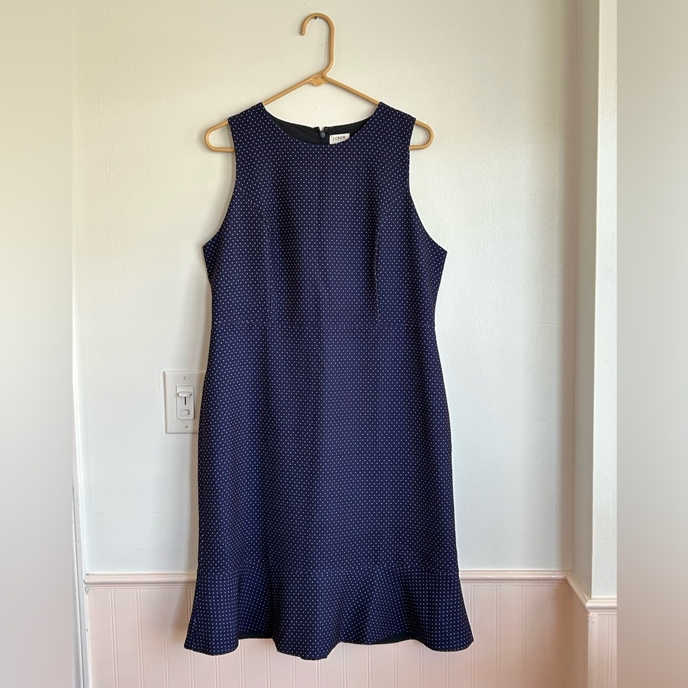 J. Crew Navy Blue Polka Dot Sheath Dress Flounce Hem Sleeveless Office - Picture 2 of 6